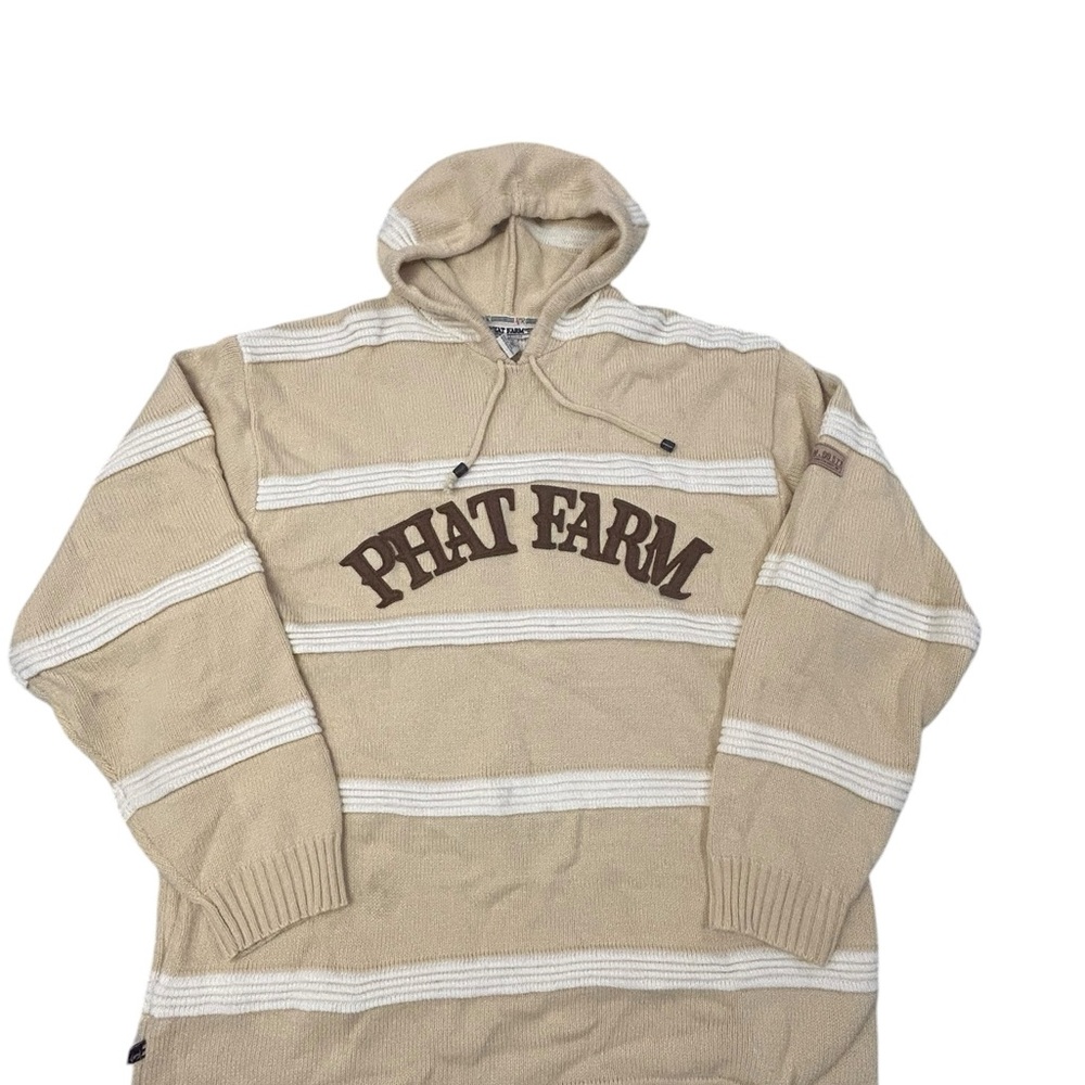 Phat Farm Vintage Men’s Cream Knit Hoodie Sweater XXL Acrylic Wool Blend Y2K